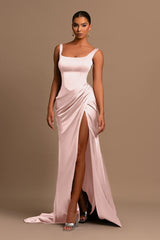 Gorgeous Lotus Root Pink Ball Gown Evening Dress Wide Shoulder Straps Square Neckline Pleated Slit