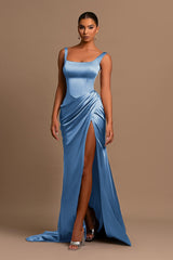 Gorgeous Lotus Root Pink Ball Gown Evening Dress Wide Shoulder Straps Square Neckline Pleated Slit