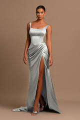 Gorgeous Lotus Root Pink Ball Gown Evening Dress Wide Shoulder Straps Square Neckline Pleated Slit