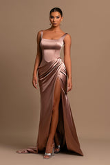 Gorgeous Lotus Root Pink Ball Gown Evening Dress Wide Shoulder Straps Square Neckline Pleated Slit