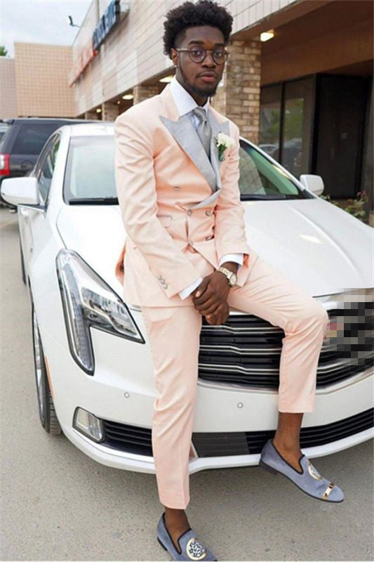Gorgeous Pink Wedding Suit Outfits for Men with Double Breasted and Peaked Lapel Party