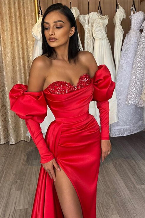 Gorgeous Red Evening Dress Prom Dress Off-the-Shoulder Half-Sleeves with Sequins and Slit