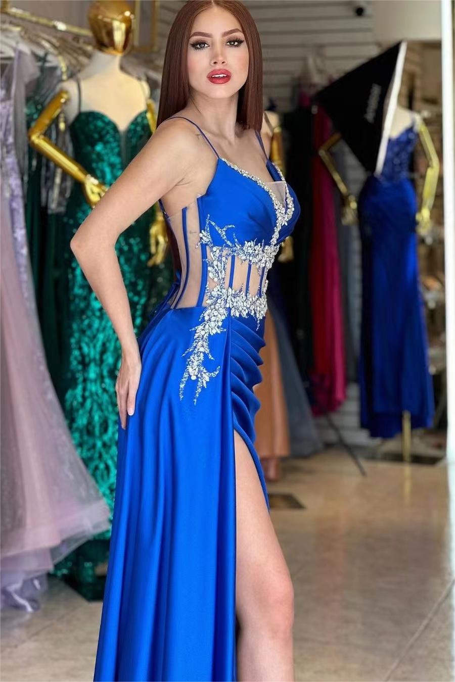 Gorgeous Royal Blue Spaghetti Strap Mermaid Long Prom Dress with Beading and Split