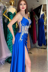 Gorgeous Royal Blue Spaghetti Strap Mermaid Long Prom Dress with Beading and Split