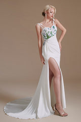Gorgeous Satin Spaghetti Strap Open Back Long Mermaid Wedding Dress with Slit