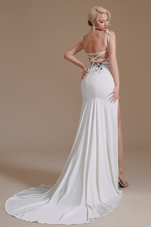 Gorgeous Satin Spaghetti Strap Open Back Long Mermaid Wedding Dress with Slit