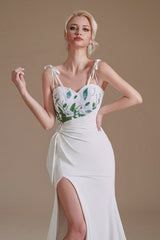 Gorgeous Satin Spaghetti Strap Open Back Long Mermaid Wedding Dress with Slit
