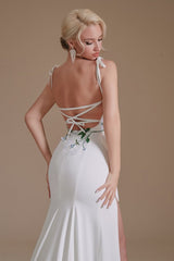 Gorgeous Satin Spaghetti Strap Open Back Long Mermaid Wedding Dress with Slit