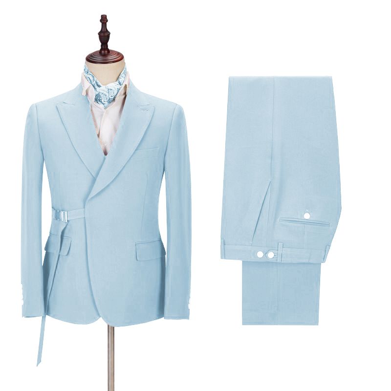 Gorgeous Sky Blue Wedding Suit with Peaked Lapel and Adjustable Buckle