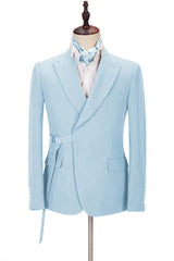 Gorgeous Sky Blue Wedding Suit with Peaked Lapel and Adjustable Buckle
