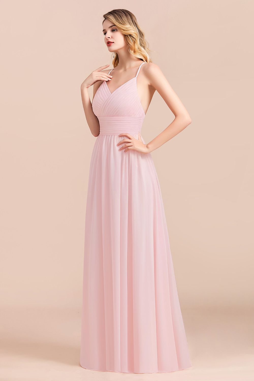 Gorgeous Spaghetti Straps Ruffle Pink Chiffon Bridesmaid Dress Affordable-Babyonlines