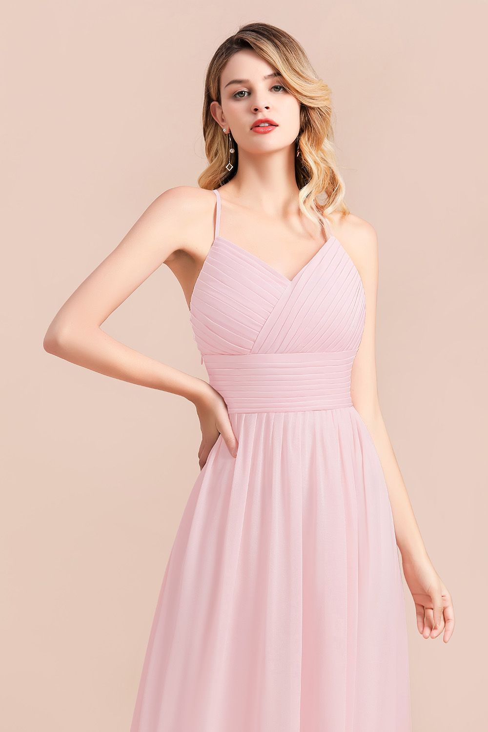Gorgeous Spaghetti Straps Ruffle Pink Chiffon Bridesmaid Dress Affordable-Babyonlines