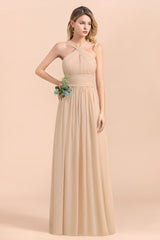 Gorgeous Straps Sleeveless Champagne Chiffon Affordable Bridesmaid Dresses Online with Ruffle-Babyonlines