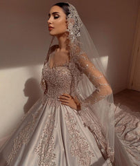 Gorgeous Sweetheart Long Sleeve Satin Wedding Dress with Beadings and Pearls