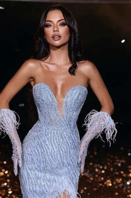 Gorgeous Sweetheart Mermaid Evening Dress with Sequins, Split, and Feather