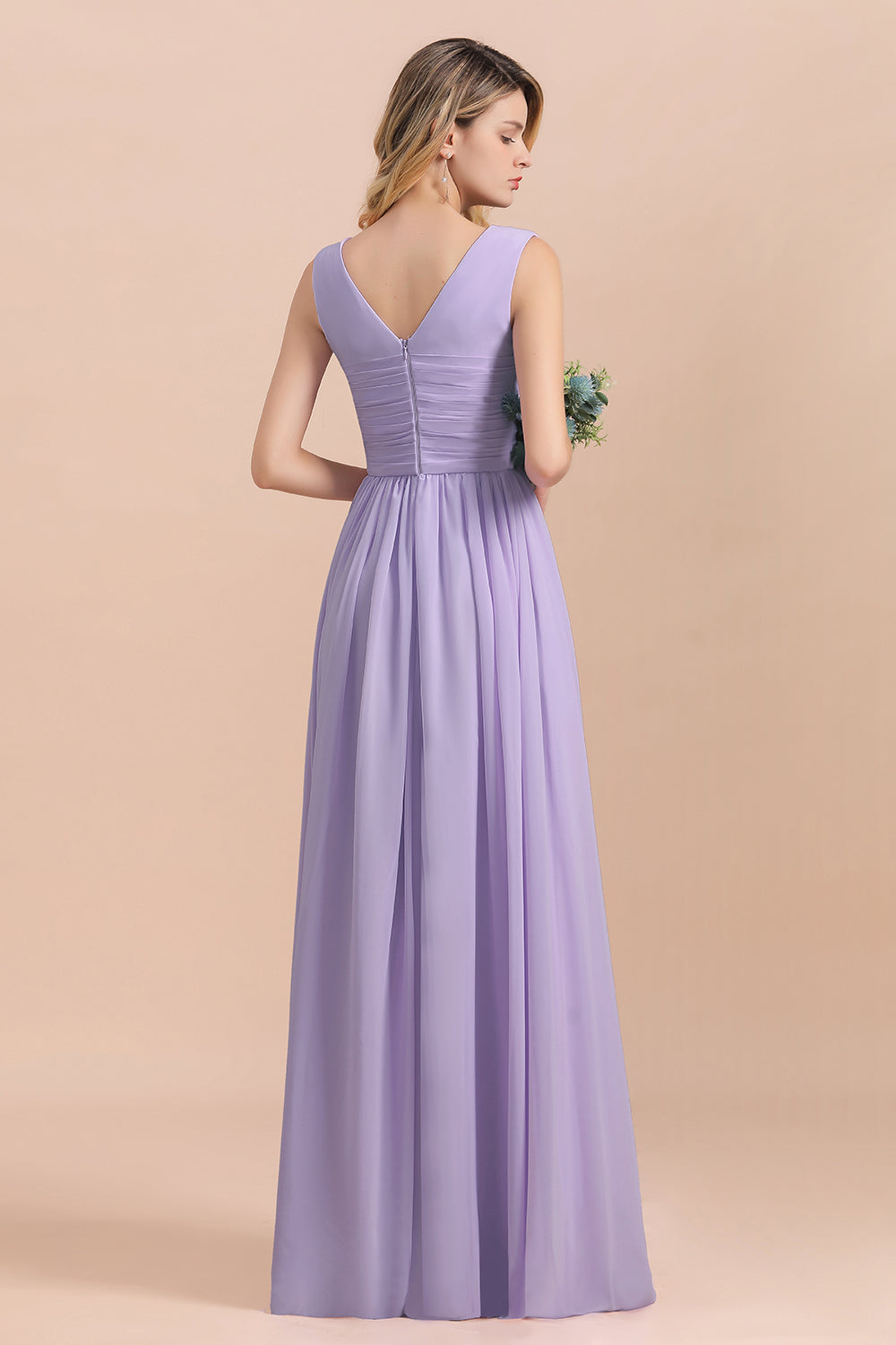 Gorgeous V-Neck Ruffle Lilac Chiffon Affordable Bridesmaid Dress with Ruffle-Babyonlines