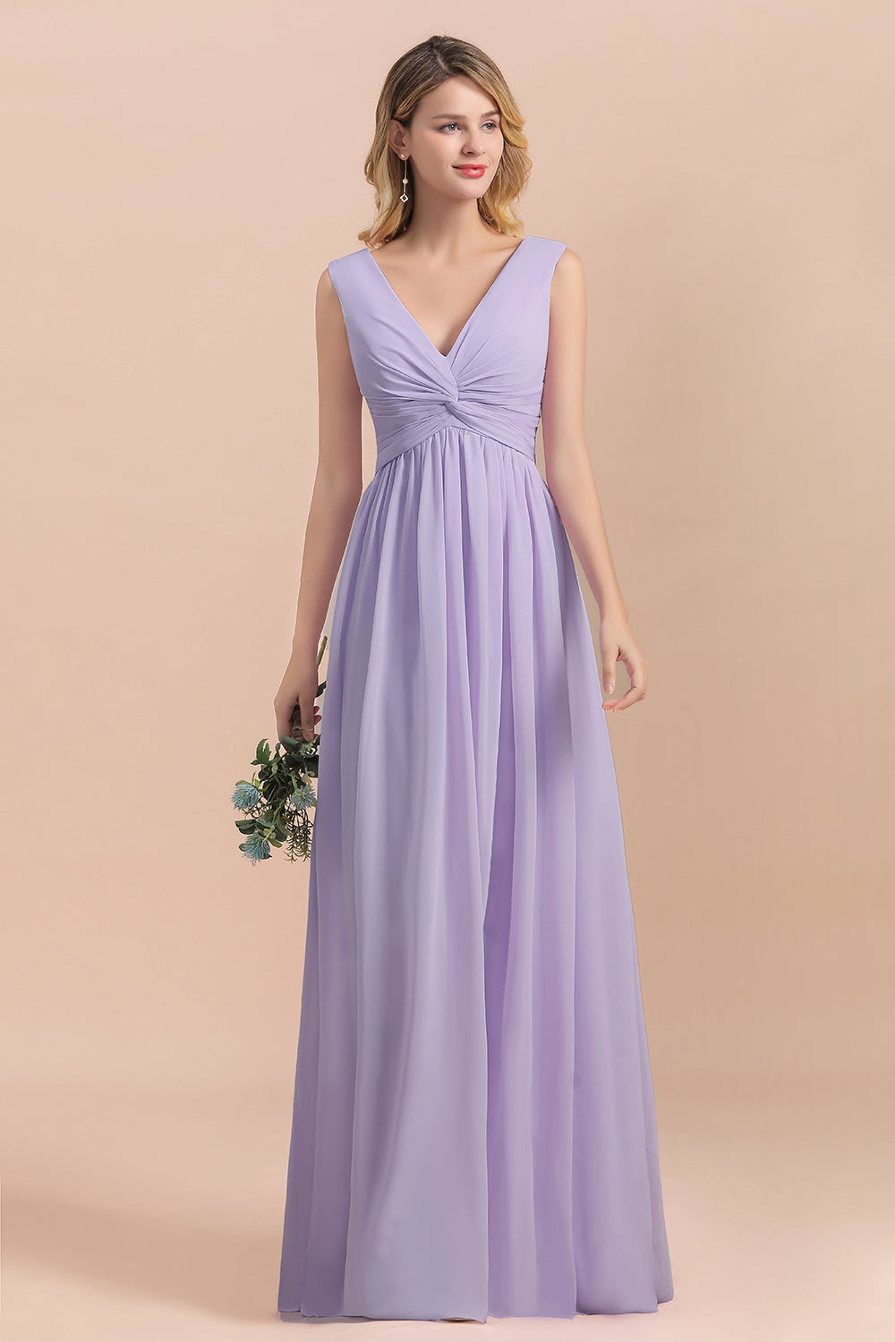 Gorgeous V-Neck Ruffle Lilac Chiffon Affordable Bridesmaid Dress with Ruffle-Babyonlines