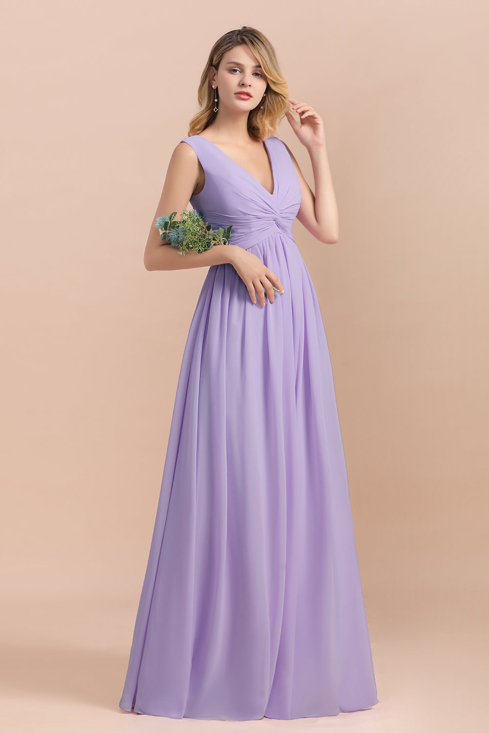 Gorgeous V-Neck Ruffle Lilac Chiffon Affordable Bridesmaid Dress with Ruffle-Babyonlines