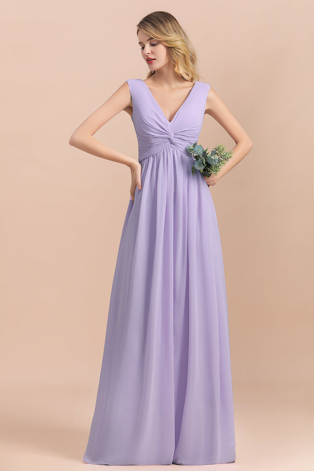 Gorgeous V-Neck Ruffle Lilac Chiffon Affordable Bridesmaid Dress with Ruffle-Babyonlines