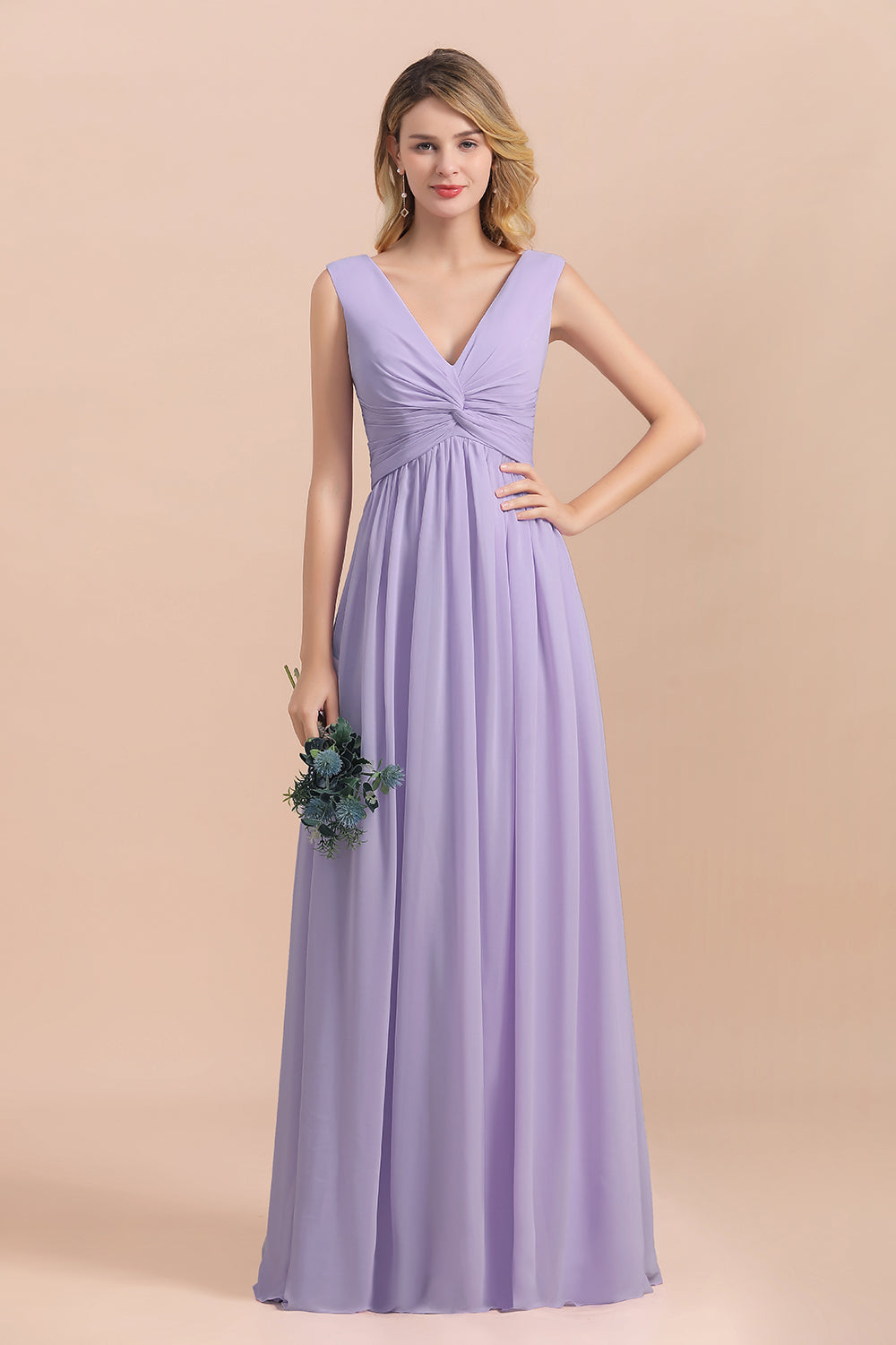 Gorgeous V-Neck Ruffle Lilac Chiffon Affordable Bridesmaid Dress with Ruffle-Babyonlines