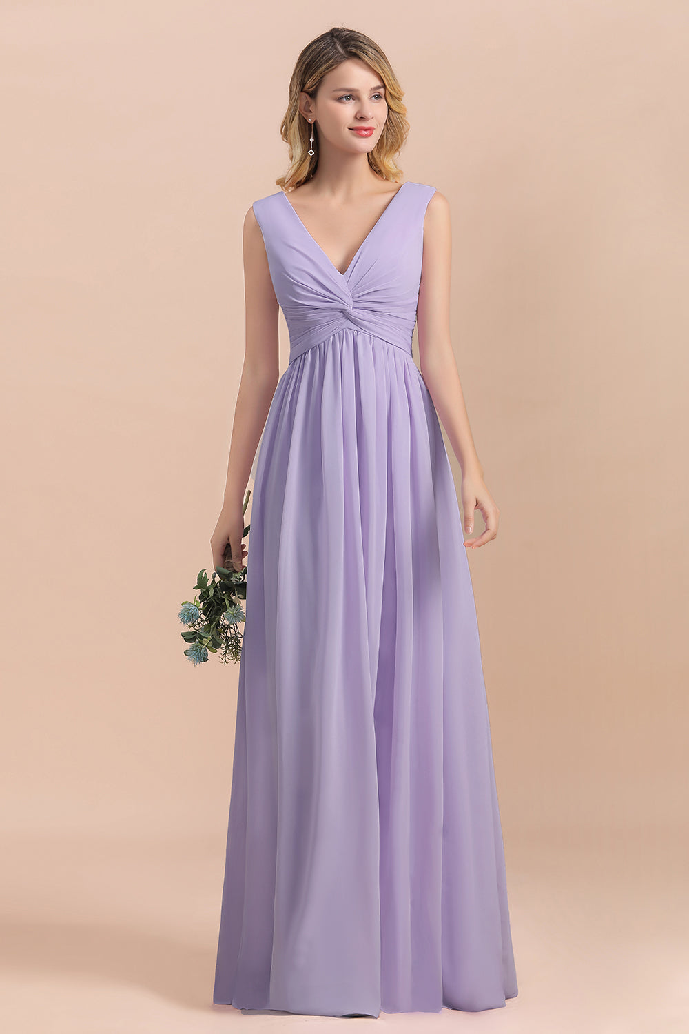 Gorgeous V-Neck Ruffle Lilac Chiffon Affordable Bridesmaid Dress with Ruffle-Babyonlines
