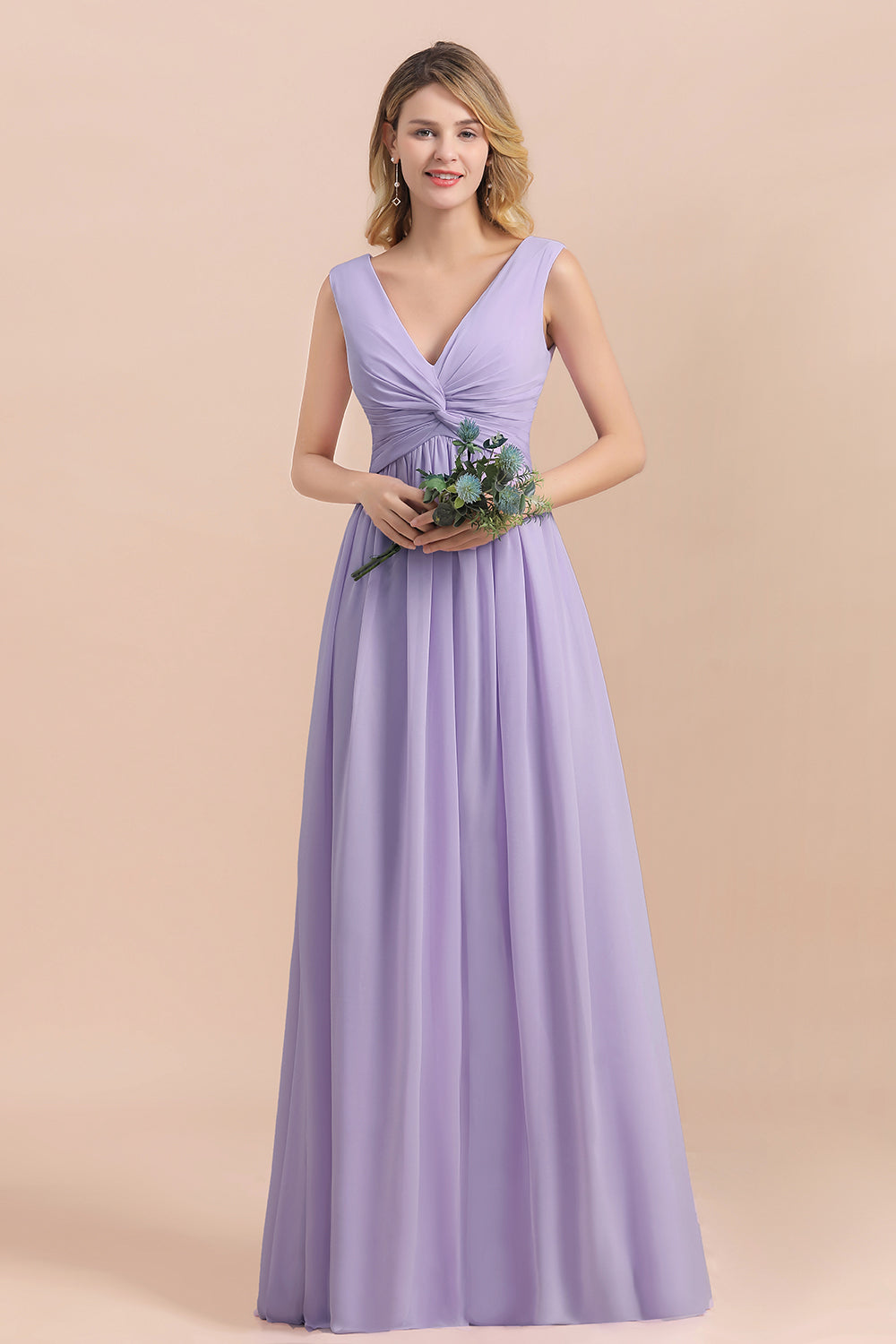 Gorgeous V-Neck Ruffle Lilac Chiffon Affordable Bridesmaid Dress with Ruffle-Babyonlines