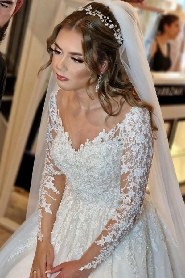 Gorgeous White A-Line V-Neck Lace Wedding Dress with Long Sleeves