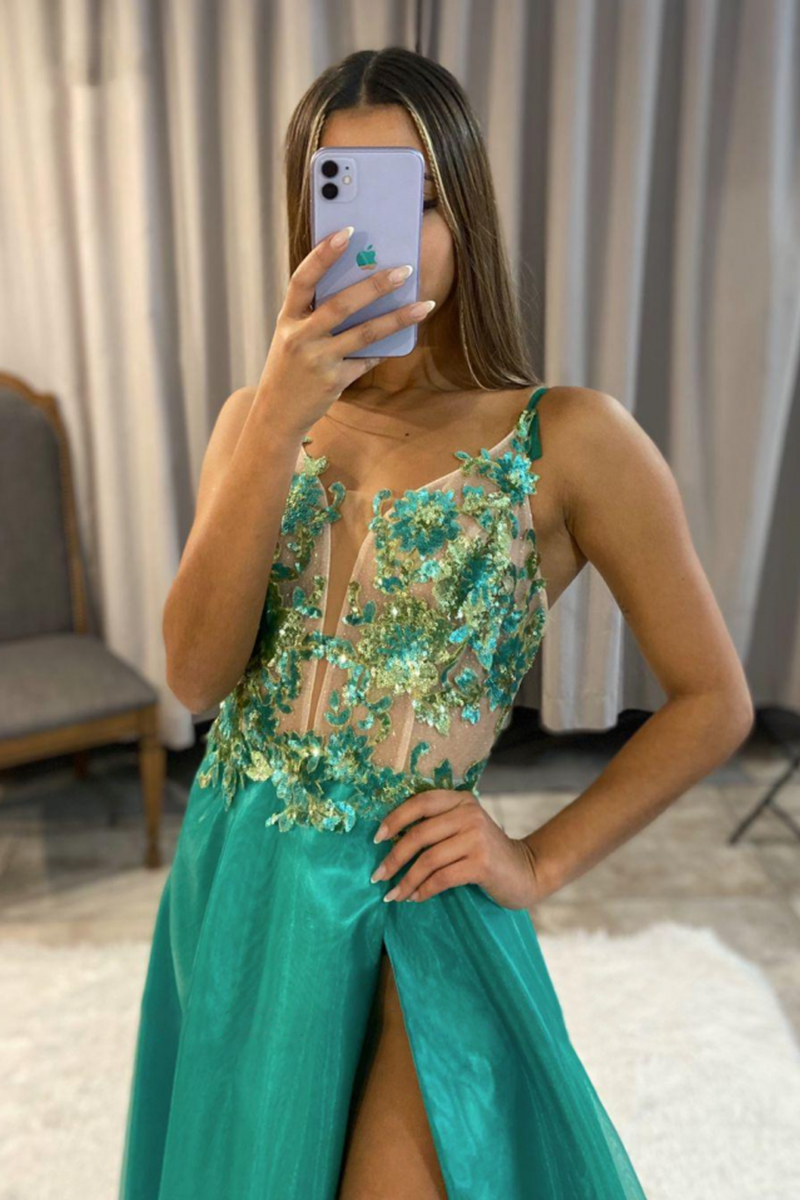 Green A-Line Long Prom Dress with Split and Appliques