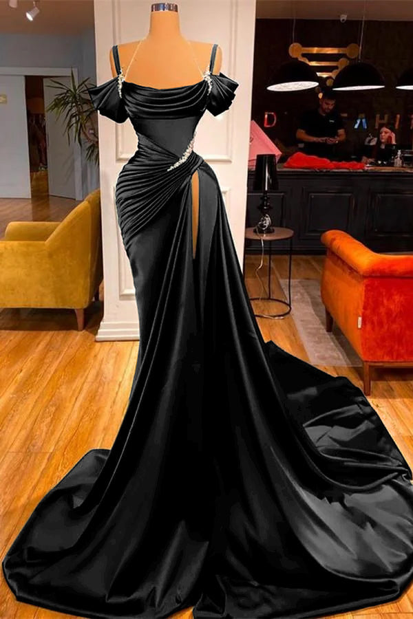 Chic Off the Shoulder Pleated Long Prom Dress with Beading Split