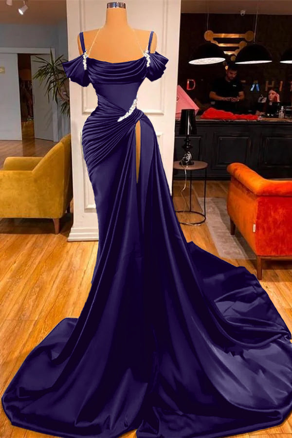 Chic Off the Shoulder Pleated Long Prom Dress with Beading Split