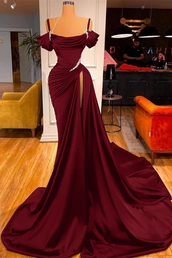 Chic Off the Shoulder Pleated Long Prom Dress with Beading Split