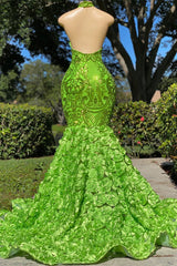 Green Halter Open-Back Sleeveless Mermaid Prom Dress