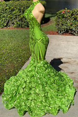 Green Halter Open-Back Sleeveless Mermaid Prom Dress