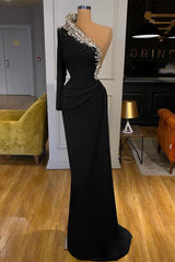 Green Long Sleeve One-Shoulder Beaded Mermaid Prom Dress