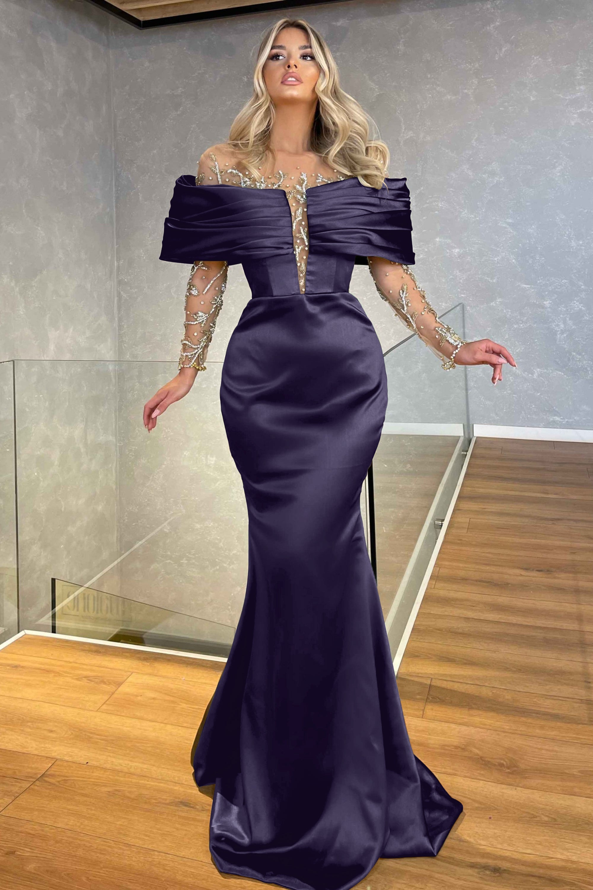 Green Off the Shoulder Long Sleeve Prom Dress with Beading