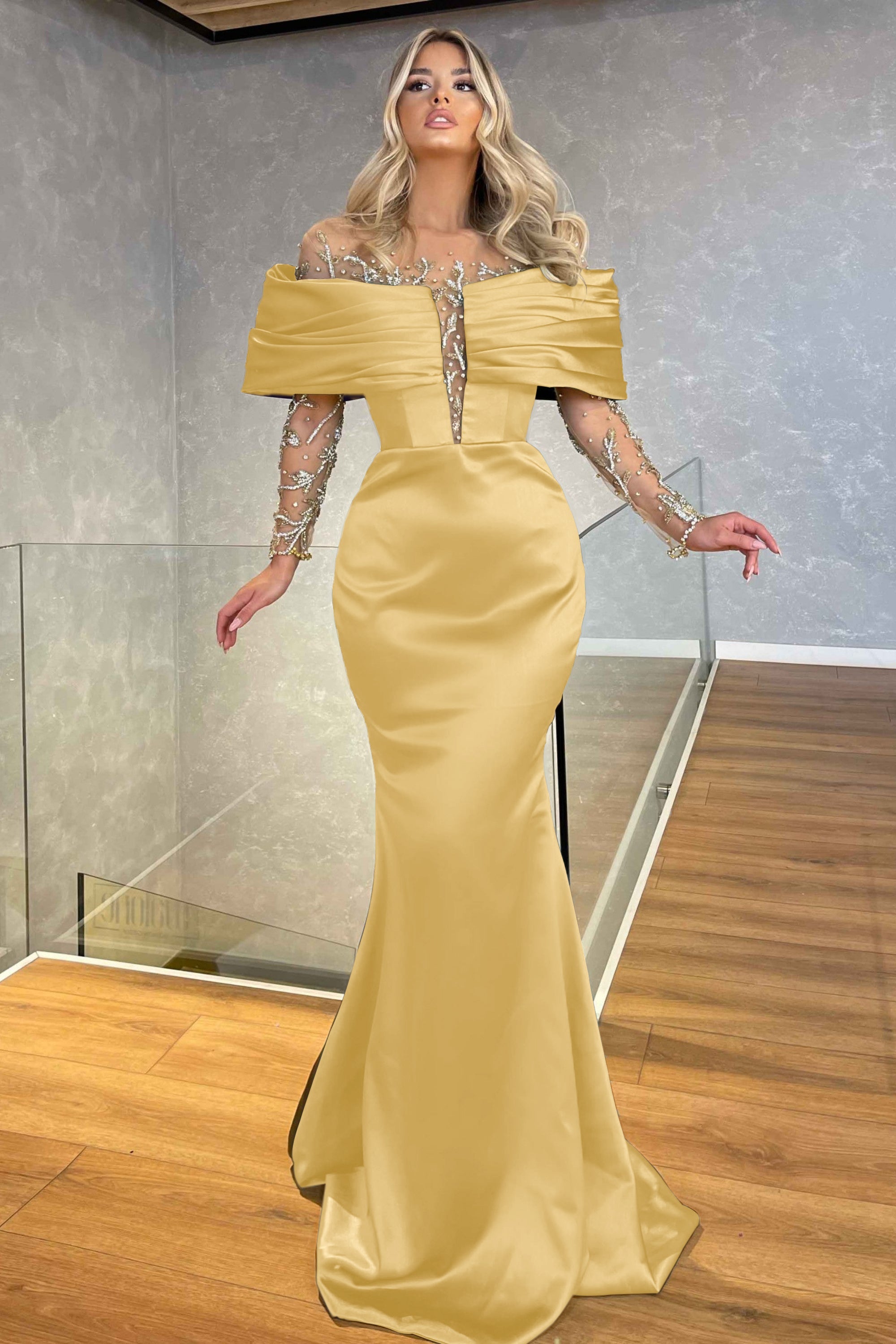 Green Off the Shoulder Long Sleeve Prom Dress with Beading