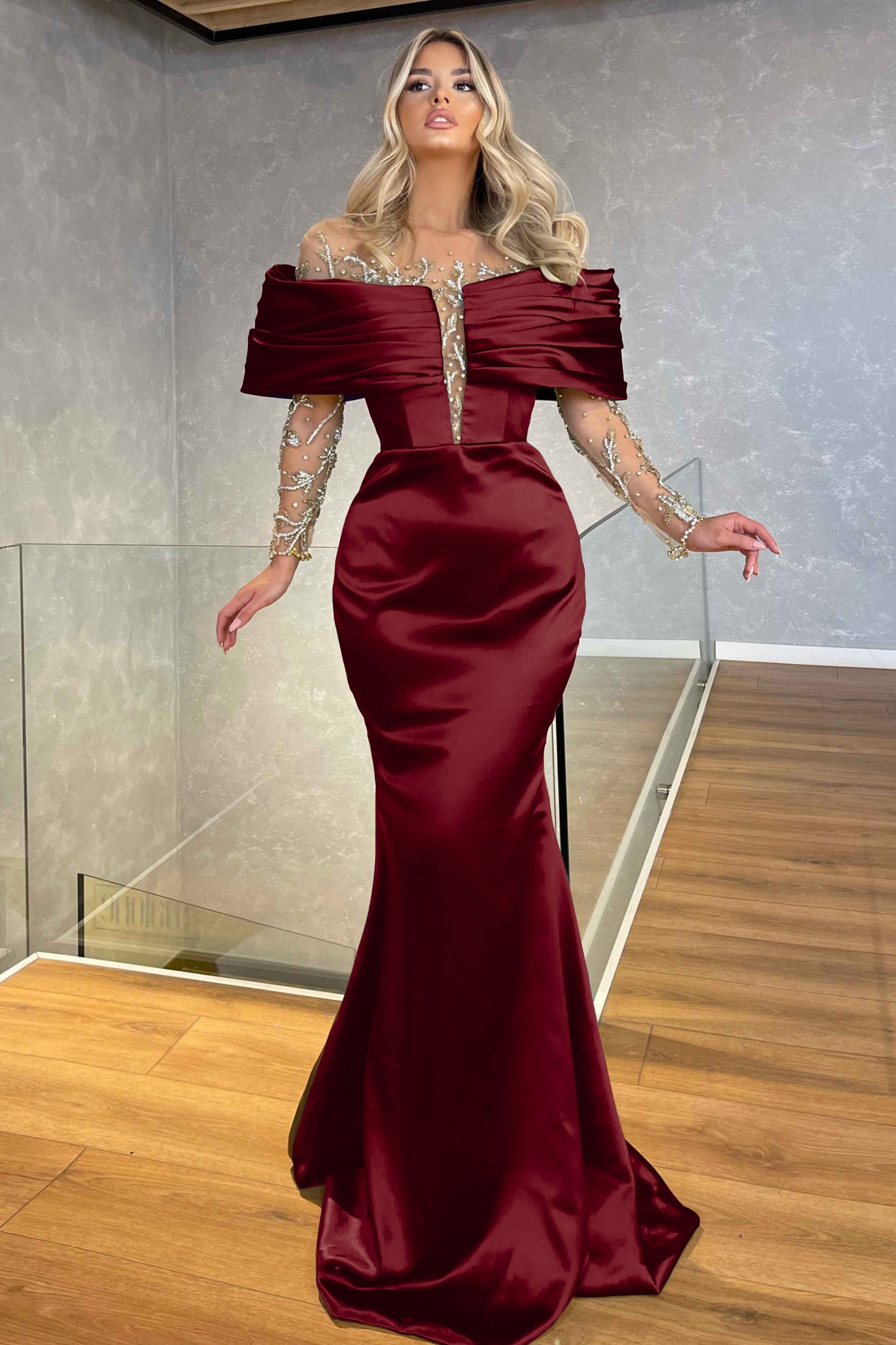 Green Off the Shoulder Long Sleeve Prom Dress with Beading