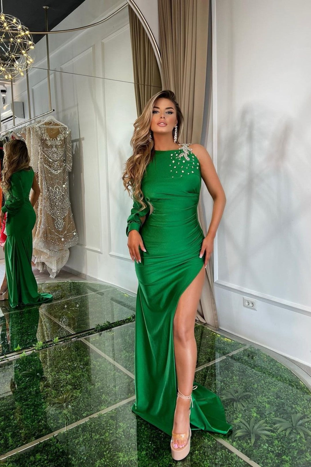 Green Satin One-Shoulder Prom Dress with Slit