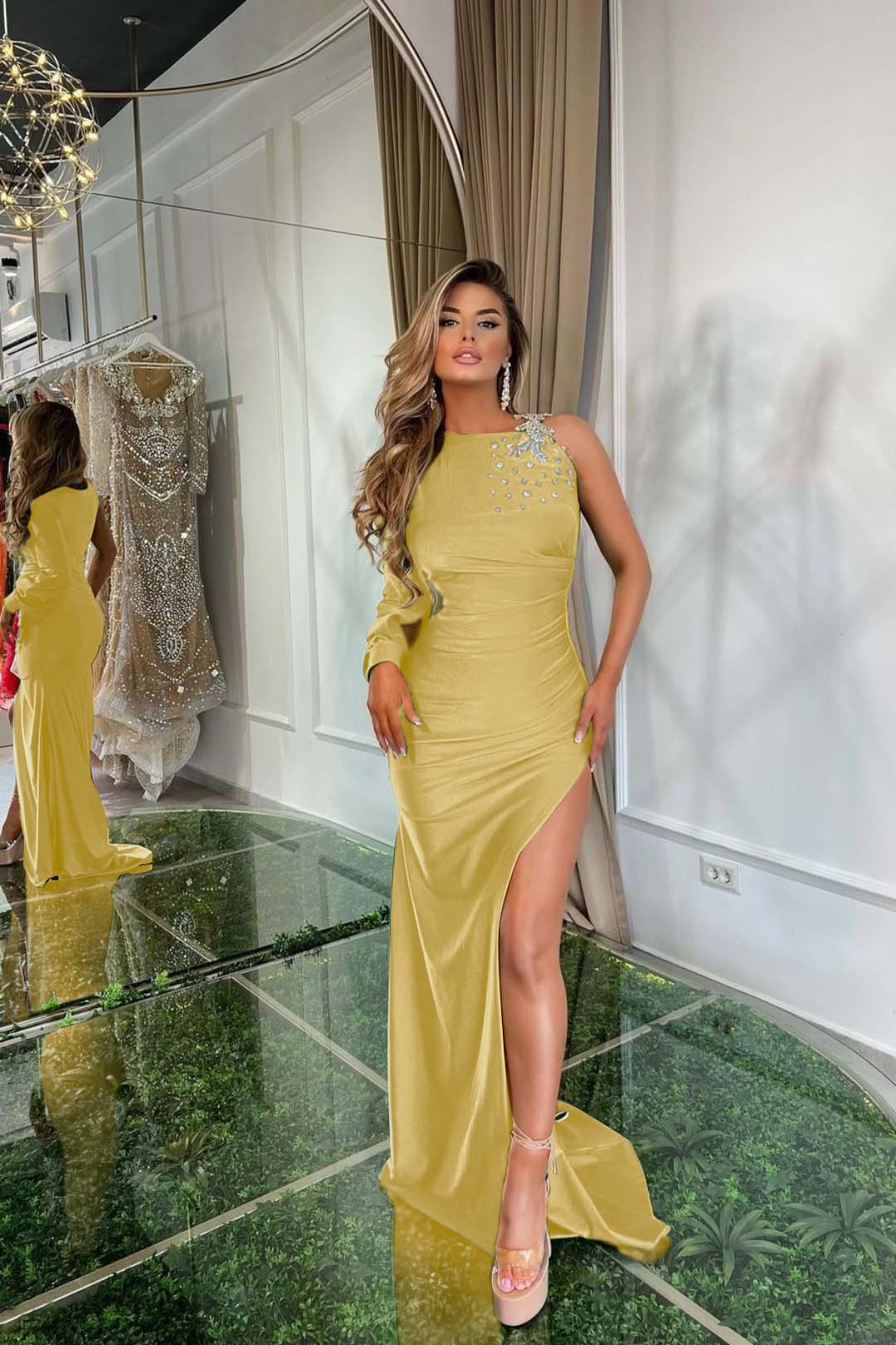 One Shoulder Green Satin Prom Dress with Long Sleeve and Split