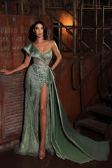 Green Sequins Prom Dress One Shoulder Charmeuse Sleeveless with Trail and High Slit