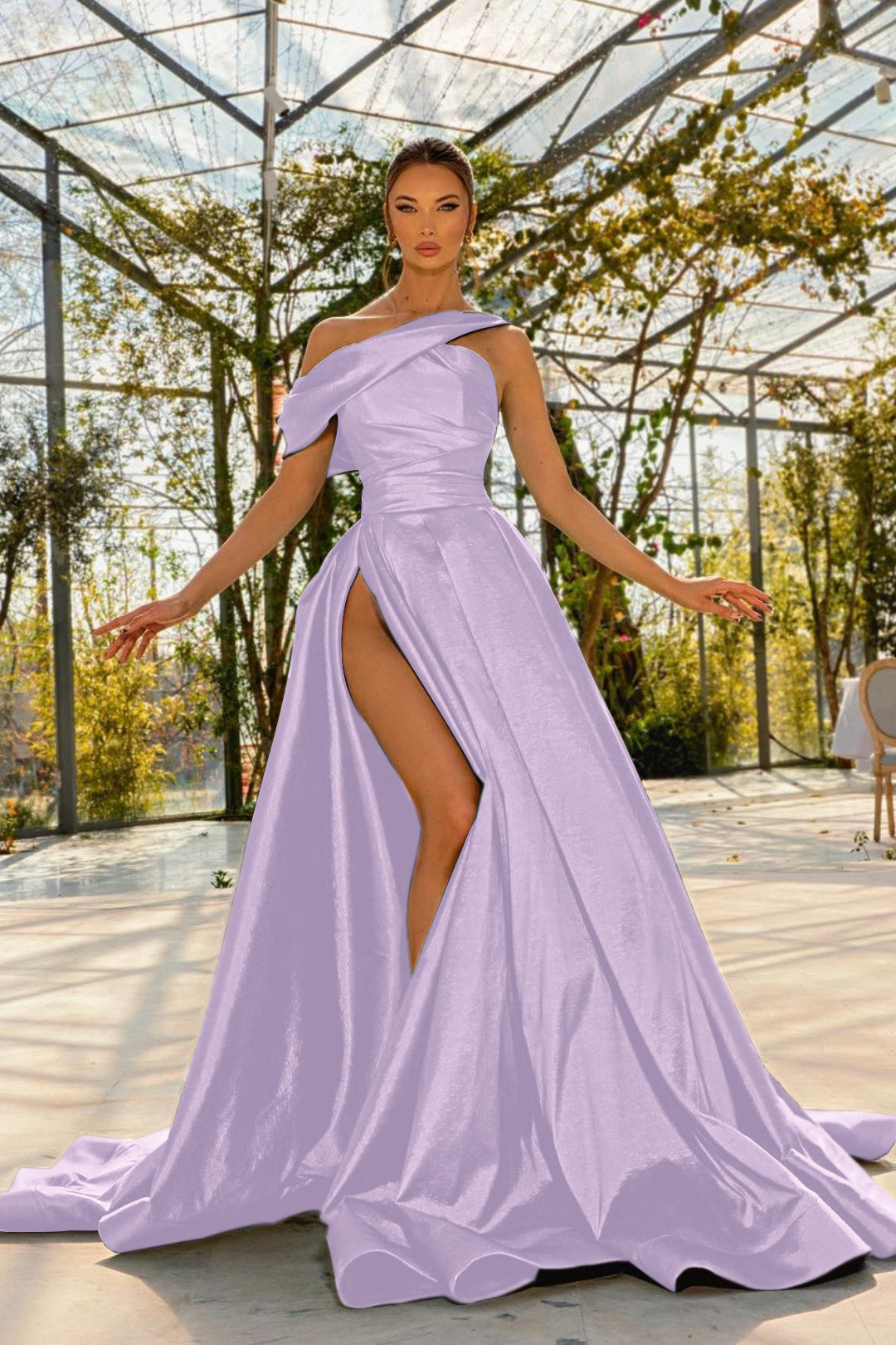 Elegant One Shoulder Green Satin Prom Dress with High Split