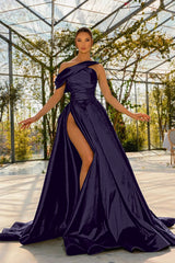 Elegant One Shoulder Green Satin Prom Dress with High Split