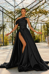 Elegant One Shoulder Green Satin Prom Dress with High Split