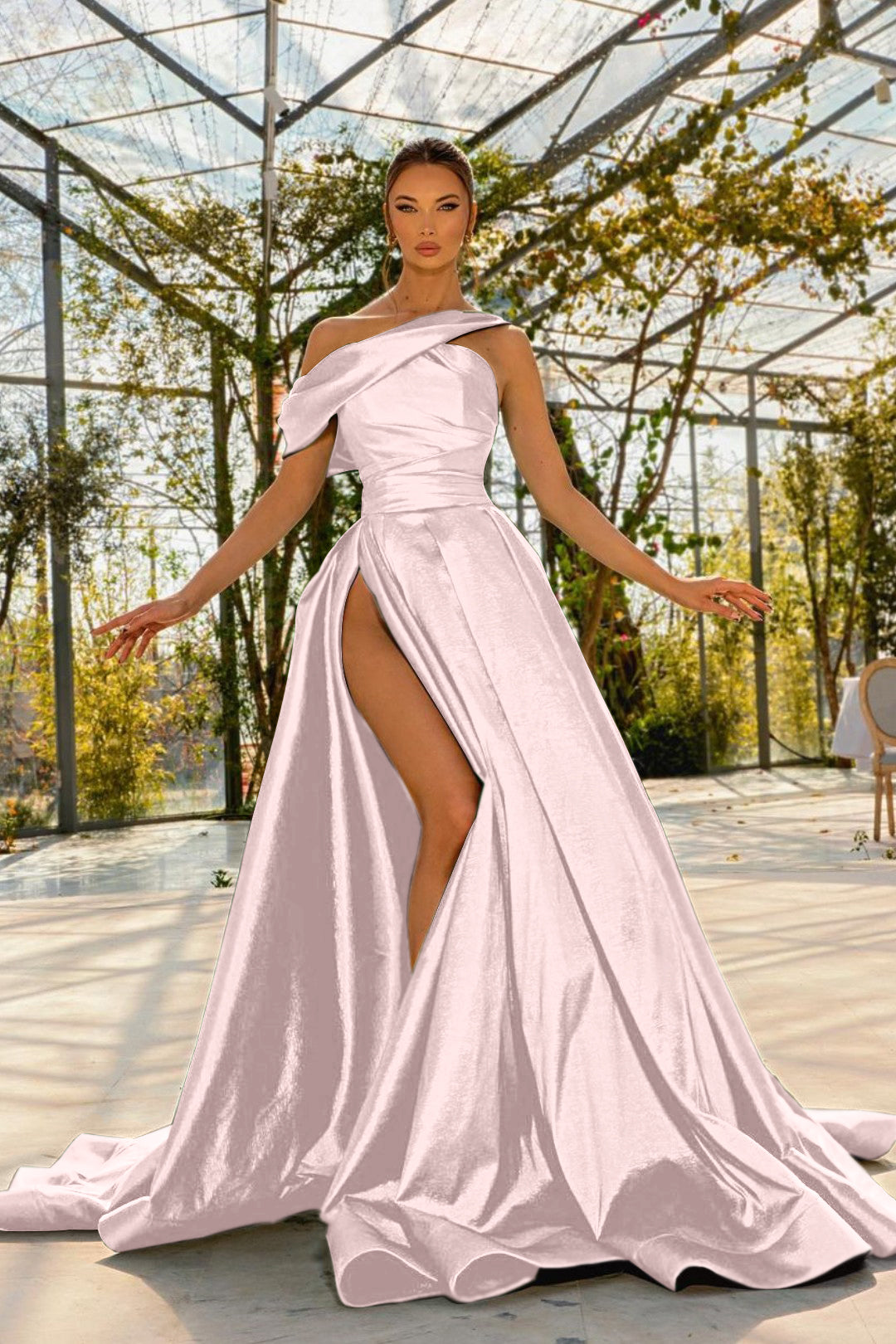 Elegant One Shoulder Green Satin Prom Dress with High Split