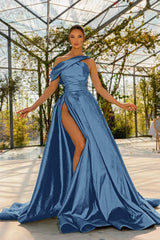 Elegant One Shoulder Green Satin Prom Dress with High Split