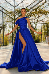 Elegant One Shoulder Green Satin Prom Dress with High Split