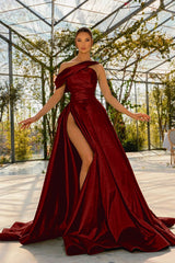 Elegant One Shoulder Green Satin Prom Dress with High Split