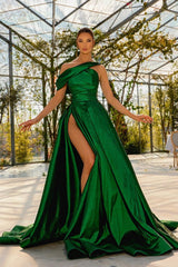 Elegant One Shoulder Green Satin Prom Dress with High Split