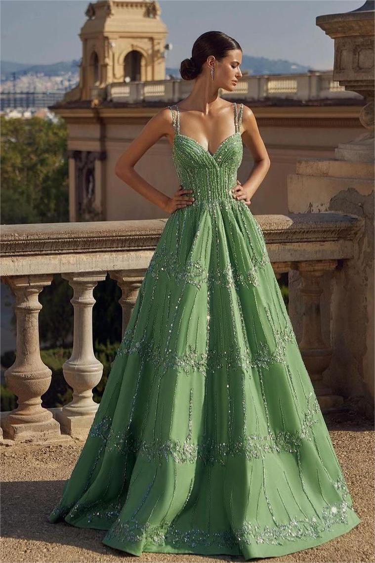 Green Spaghetti Strap Sweetheart Prom Dress with Beading and Embroidery