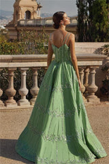 Green Spaghetti Strap Sweetheart Prom Dress with Beading and Embroidery